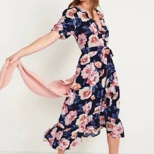 Old Navy Waist Defined Ruffled Tie Belt Midi Wrap Dress Floral Navy Womens XXL